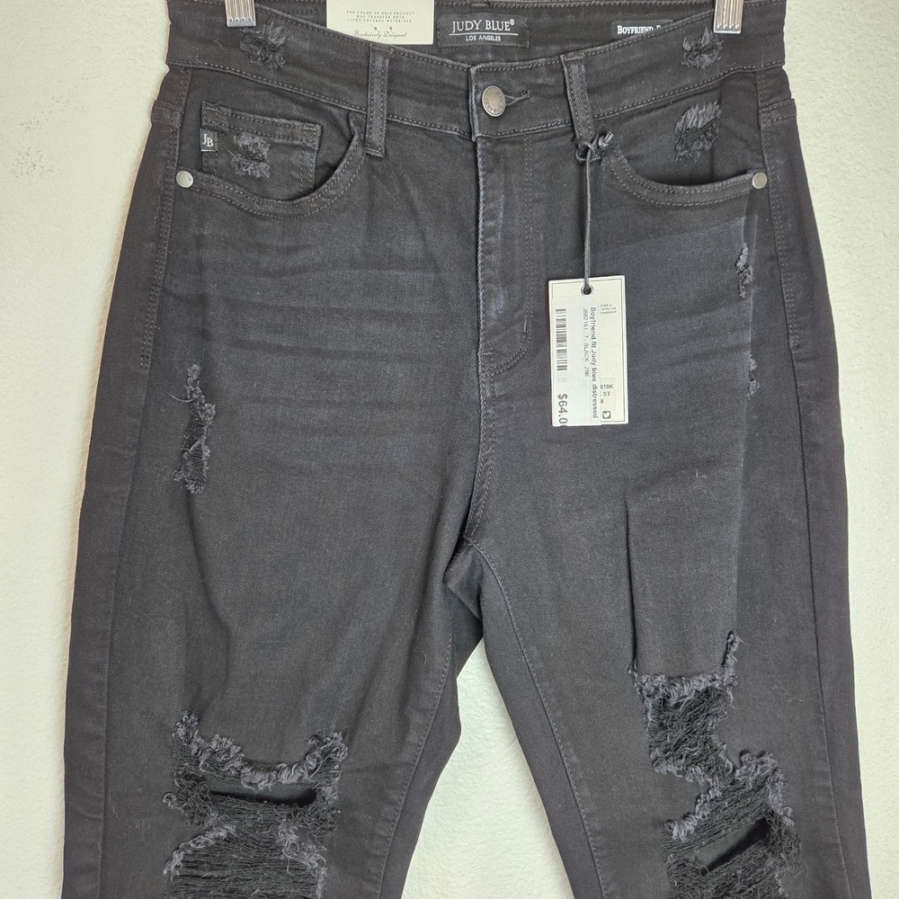 NWT Judy Blue Boyfriend Fit Distressed Black Jeans Casual Denim - Picture 3 of 12